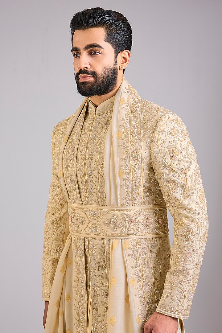 Beige Silk Groom Sherwani Set by AMIT ARORA at Pernia's Pop Up Shop