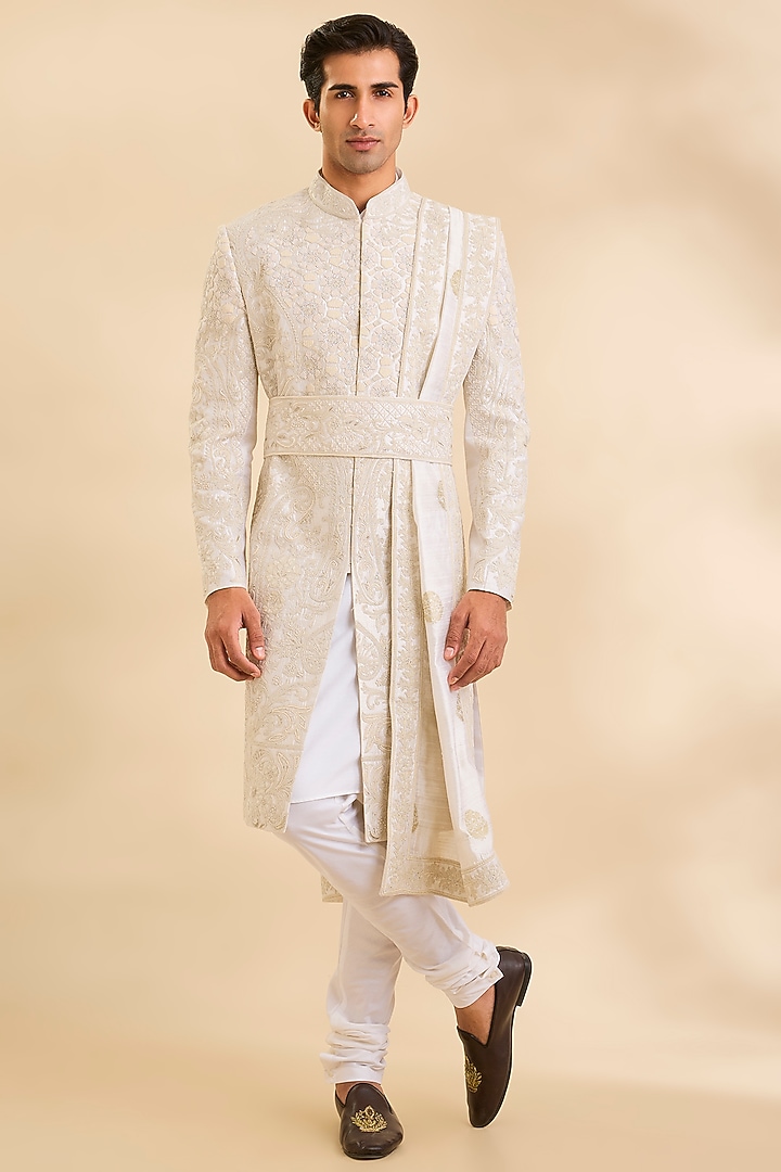 Off-White Raw Silk Groom Sherwani Set by AMIT ARORA at Pernia's Pop Up Shop
