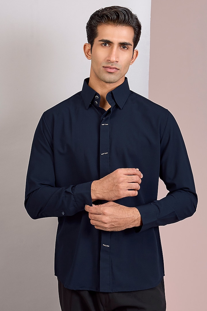 Navy Blue Acetate Party Wear Shirt by AMIT ARORA at Pernia's Pop Up Shop