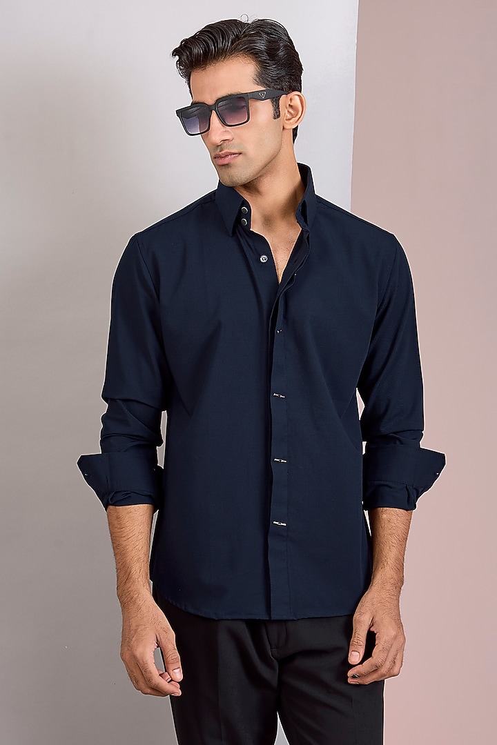 Navy Blue Acetate Party Wear Shirt by AMIT ARORA at Pernia's Pop Up Shop