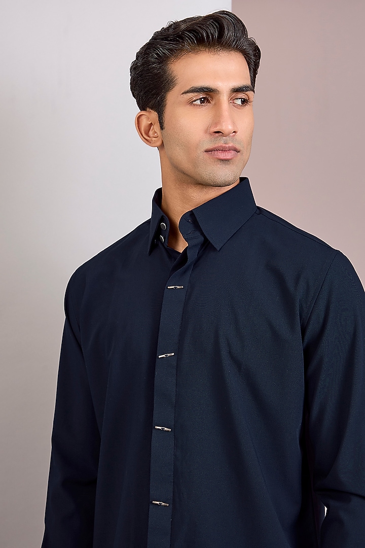Navy Blue Acetate Party Wear Shirt by AMIT ARORA at Pernia's Pop Up Shop