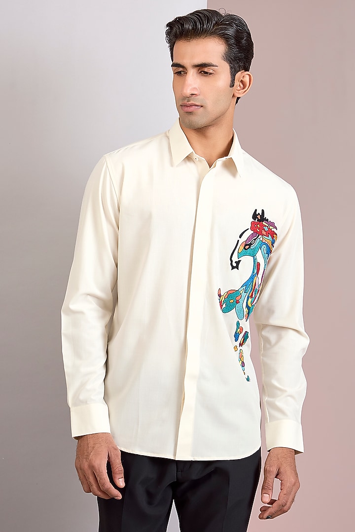 Off-White Polynosic Embellished Party Wear Shirt by AMIT ARORA at Pernia's Pop Up Shop