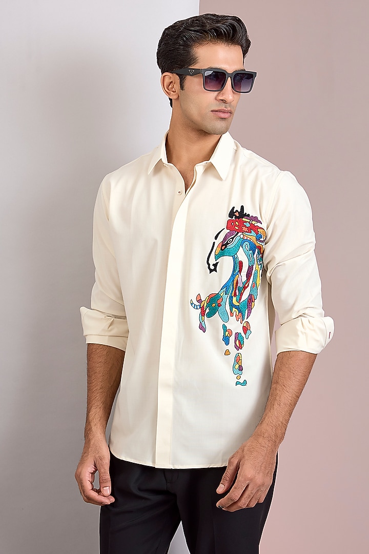 Off-White Polynosic Embellished Party Wear Shirt by AMIT ARORA at Pernia's Pop Up Shop