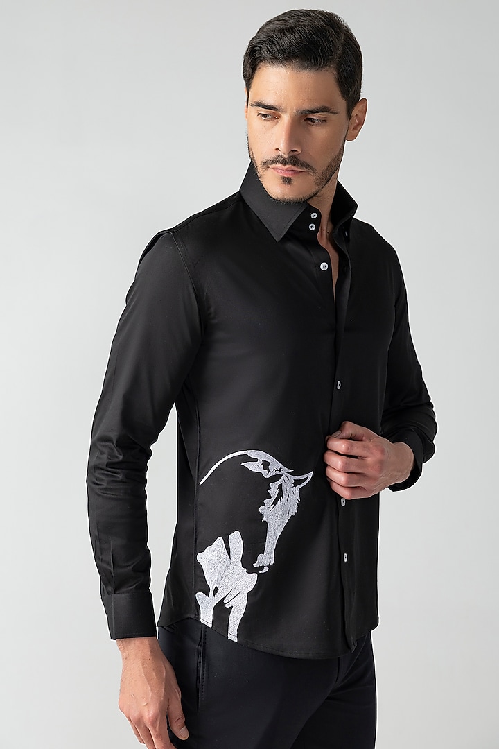 Black Cotton Lycra Embroidered Party Wear Shirt by AMIT ARORA at Pernia's Pop Up Shop