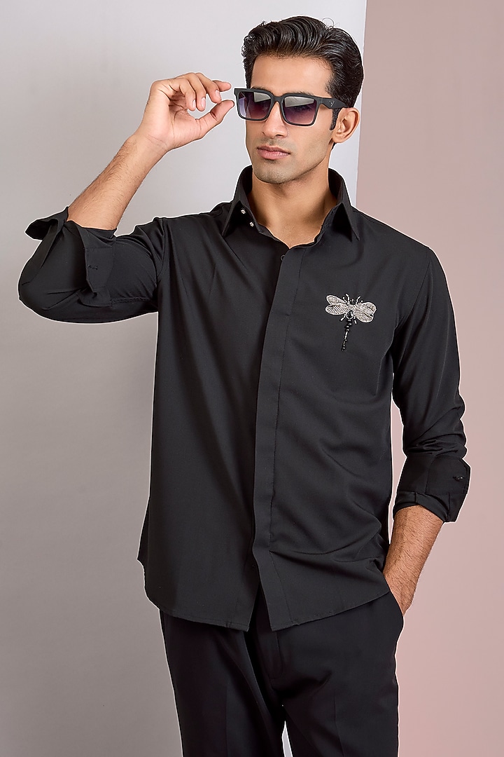 Off-White Polyamide Embellished Party Wear Shirt by AMIT ARORA at Pernia's Pop Up Shop