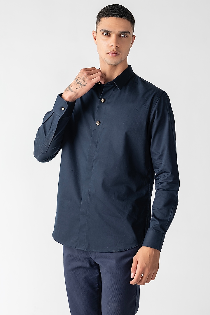 Navy Blue Cotton Lycra Party Wear Shirt by AMIT ARORA at Pernia's Pop Up Shop