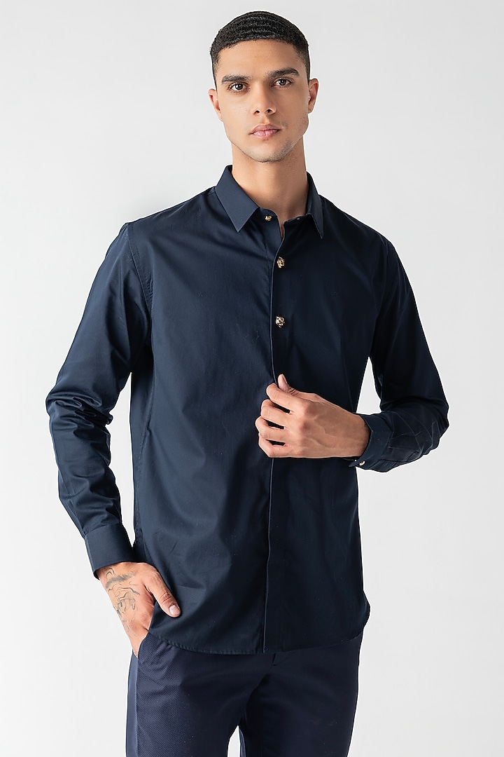 Navy Blue Cotton Lycra Party Wear Shirt by AMIT ARORA at Pernia's Pop Up Shop
