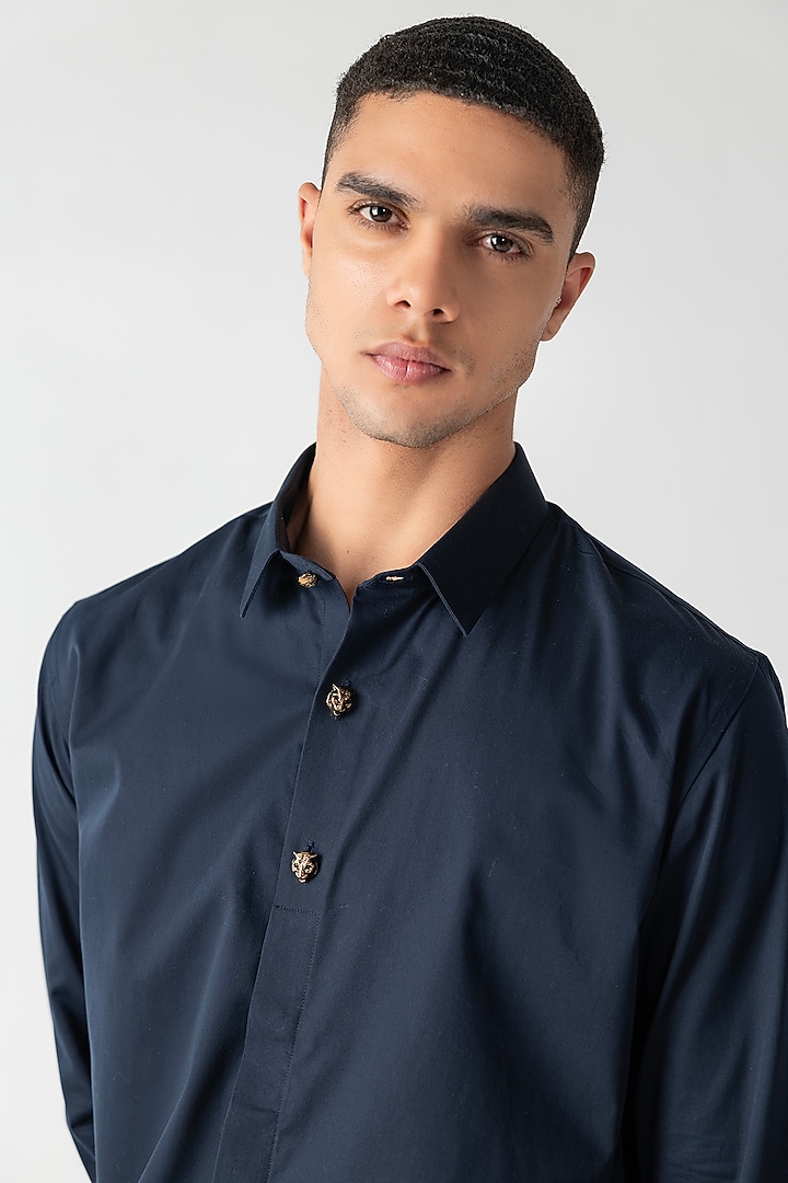 Navy Blue Cotton Lycra Party Wear Shirt by AMIT ARORA at Pernia's Pop Up Shop
