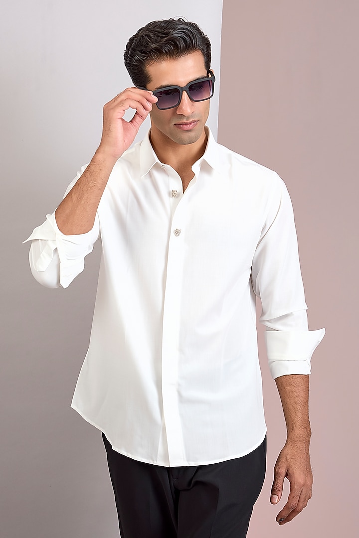 Ivory Knit Full Sleeve Party Wear Shirt by AMIT ARORA at Pernia's Pop Up Shop