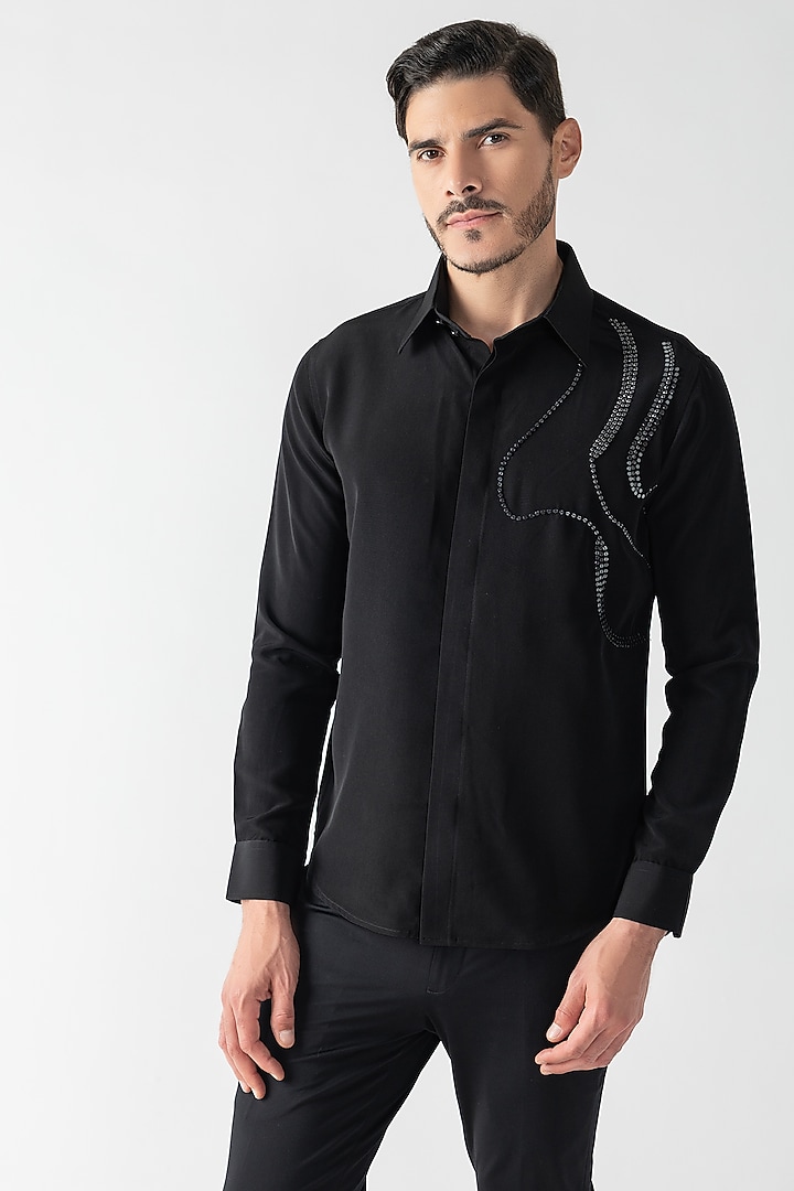 Black Polynosic Metallic Hand Embroidered Party Wear Shirt by AMIT ARORA at Pernia's Pop Up Shop