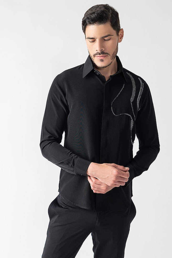 Black Polynosic Metallic Hand Embroidered Party Wear Shirt by AMIT ARORA at Pernia's Pop Up Shop