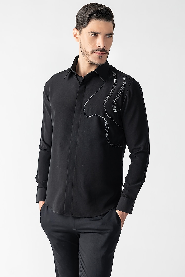 Black Polynosic Metallic Hand Embroidered Party Wear Shirt by AMIT ARORA at Pernia's Pop Up Shop