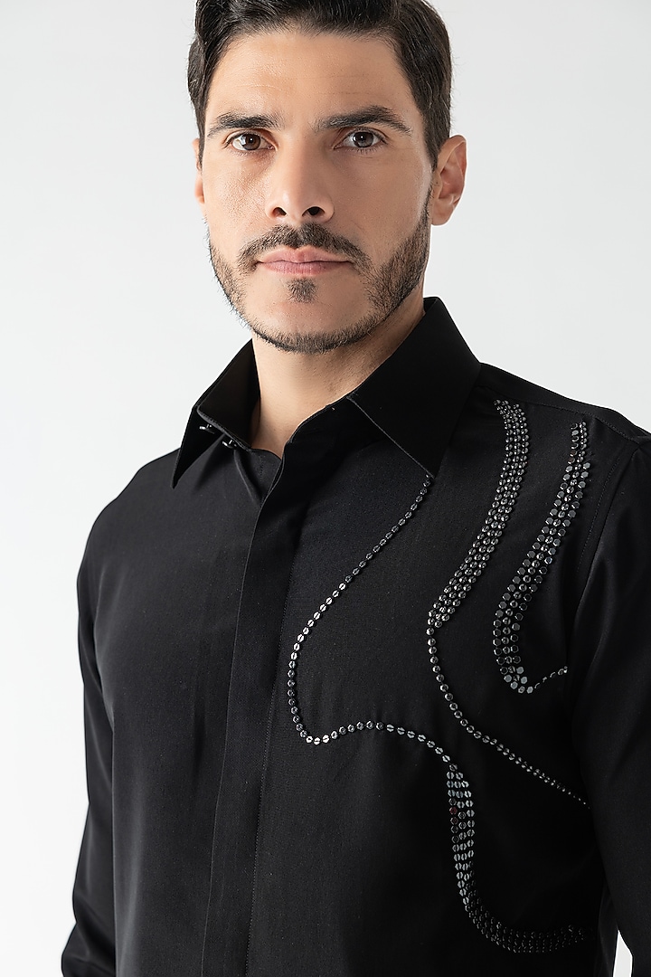 Black Polynosic Metallic Hand Embroidered Party Wear Shirt by AMIT ARORA at Pernia's Pop Up Shop
