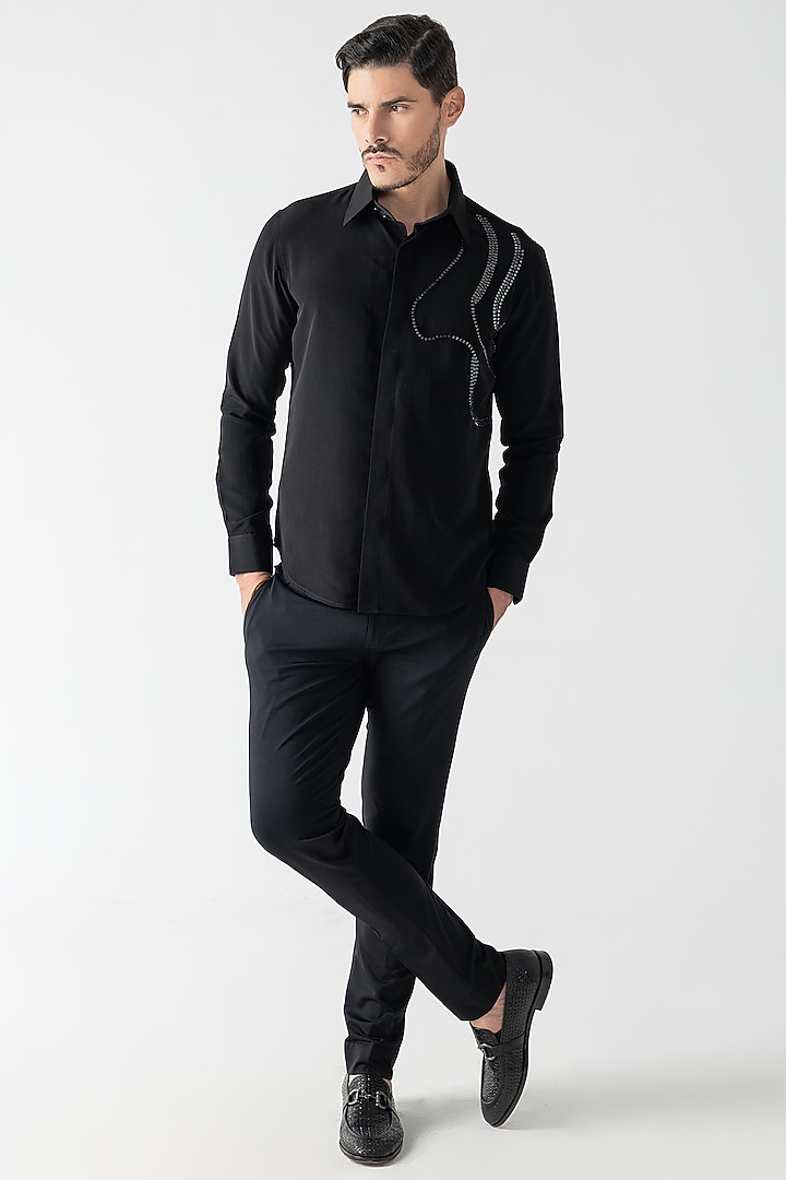 Black Polynosic Metallic Hand Embroidered Party Wear Shirt by AMIT ARORA at Pernia's Pop Up Shop
