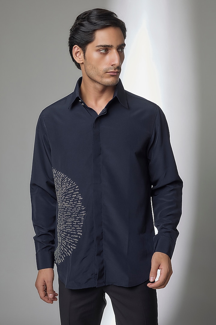 Navy Blue Cotton Party Wear Shirt by AMIT ARORA at Pernia's Pop Up Shop