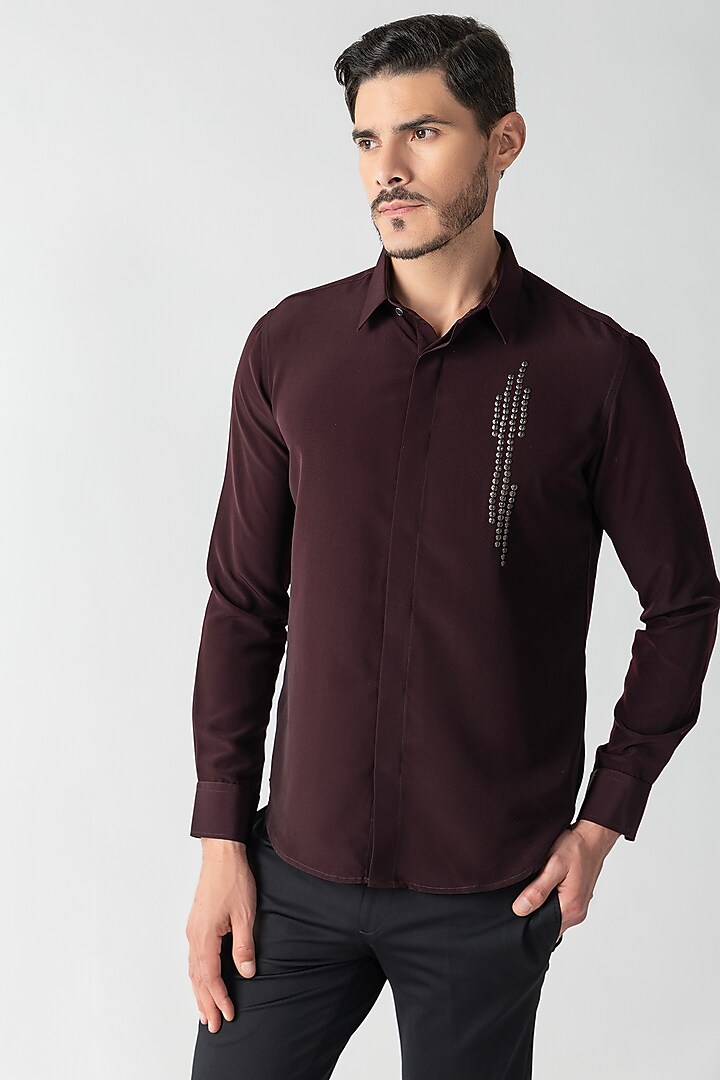 Wine Polynosic Motif Hand Embroidered Party Wear Shirt by AMIT ARORA at Pernia's Pop Up Shop