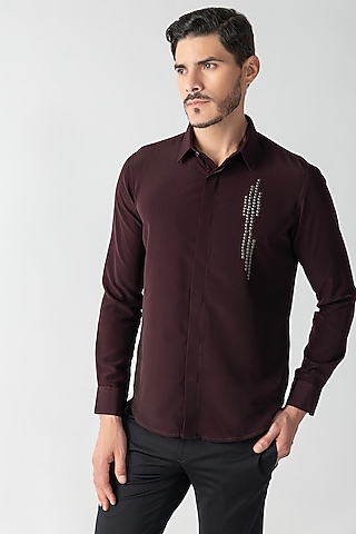Wine Polynosic Motif Hand Embroidered Shirt by AMIT ARORA