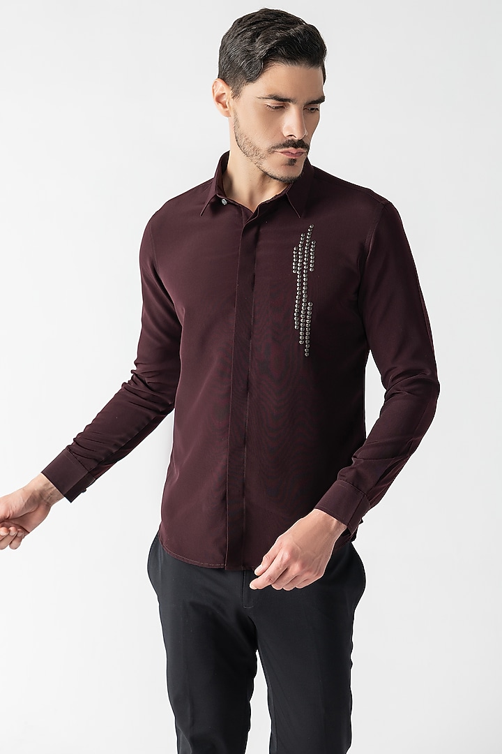 Wine Polynosic Motif Hand Embroidered Party Wear Shirt by AMIT ARORA at Pernia's Pop Up Shop