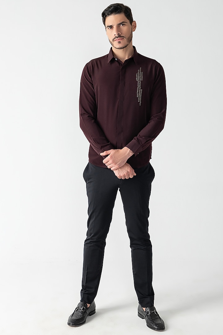 Wine Polynosic Motif Hand Embroidered Party Wear Shirt by AMIT ARORA at Pernia's Pop Up Shop