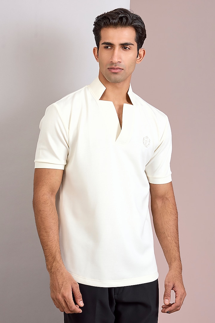 Off-White Knit Stand Collar T-Shirt by AMIT ARORA at Pernia's Pop Up Shop
