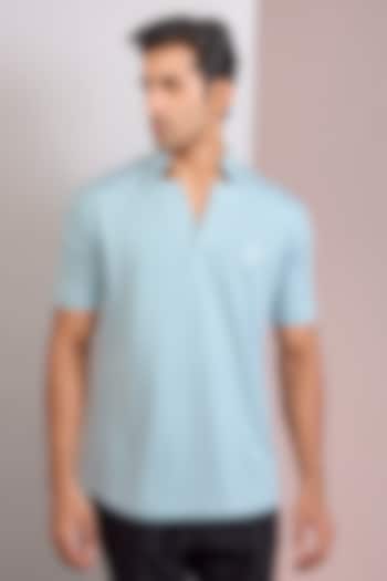 Sky Blue Knit Stand Collar T-Shirt by AMIT ARORA at Pernia's Pop Up Shop