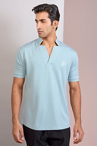 Sky Blue Knit Stand Collar T-Shirt by AMIT ARORA