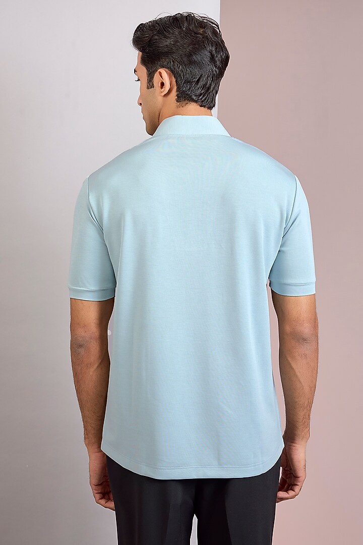 Sky Blue Knit Stand Collar T-Shirt by AMIT ARORA at Pernia's Pop Up Shop