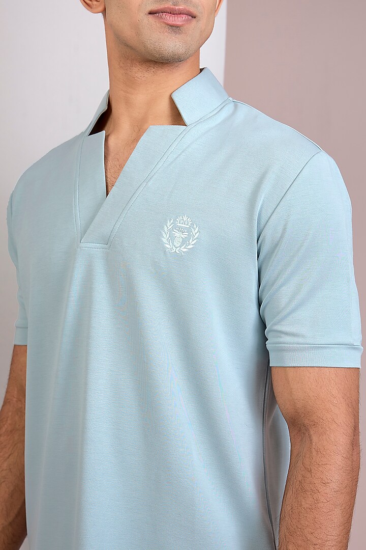 Sky Blue Knit Stand Collar T-Shirt by AMIT ARORA at Pernia's Pop Up Shop