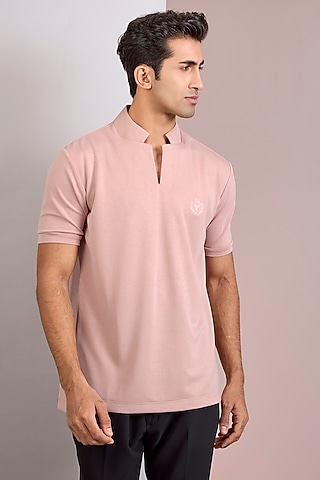 Baby Pink Knit Stand Collar T-Shirt by AMIT ARORA