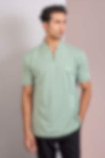 Mint Green Knit Stand Collar T-Shirt by AMIT ARORA at Pernia's Pop Up Shop