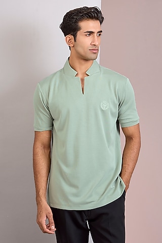 Mint Green Knit Stand Collar T-Shirt by AMIT ARORA