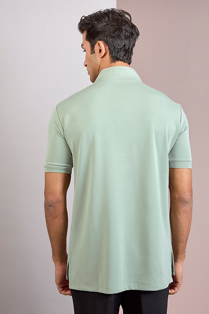 Mint Green Knit Stand Collar T-Shirt by AMIT ARORA at Pernia's Pop Up Shop
