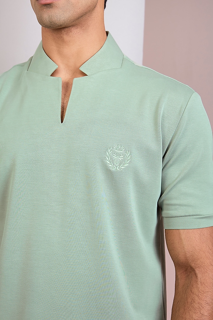 Mint Green Knit Stand Collar T-Shirt by AMIT ARORA at Pernia's Pop Up Shop