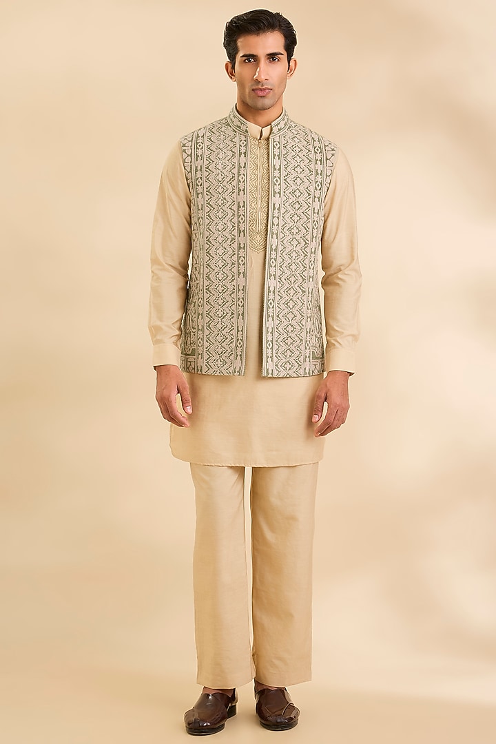 Light Olive Silk Bundi Jacket Set by AMIT ARORA at Pernia's Pop Up Shop