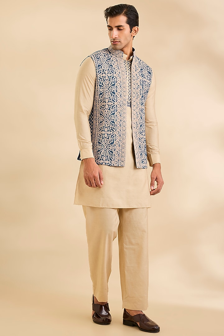 Dark Turquoise Silk Bundi Jacket Set by AMIT ARORA at Pernia's Pop Up Shop