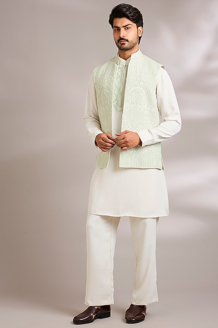 Mint Green Silk Bundi Jacket Set by AMIT ARORA at Pernia's Pop Up Shop