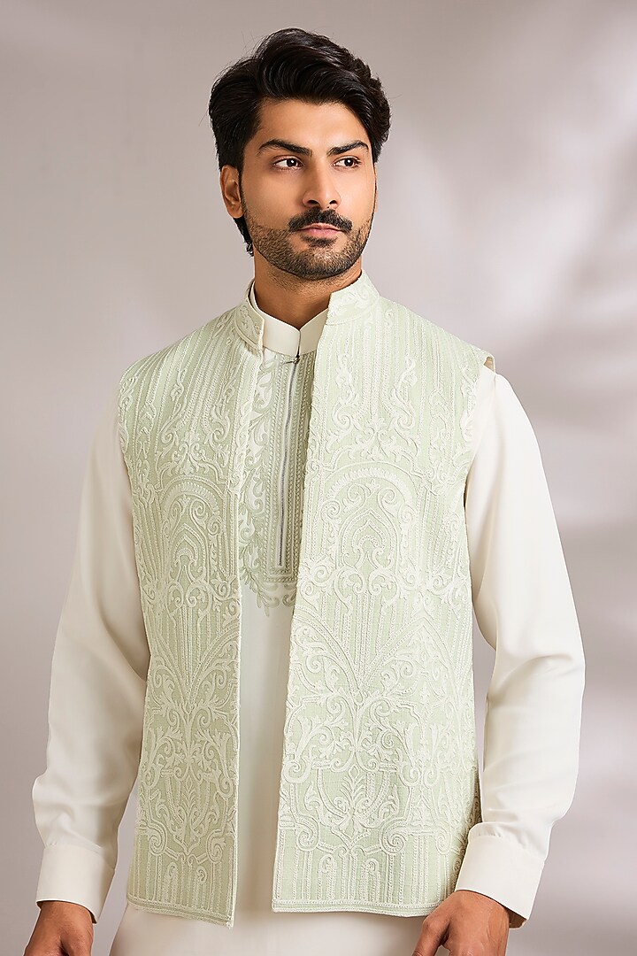 Mint Green Silk Bundi Jacket Set by AMIT ARORA at Pernia's Pop Up Shop