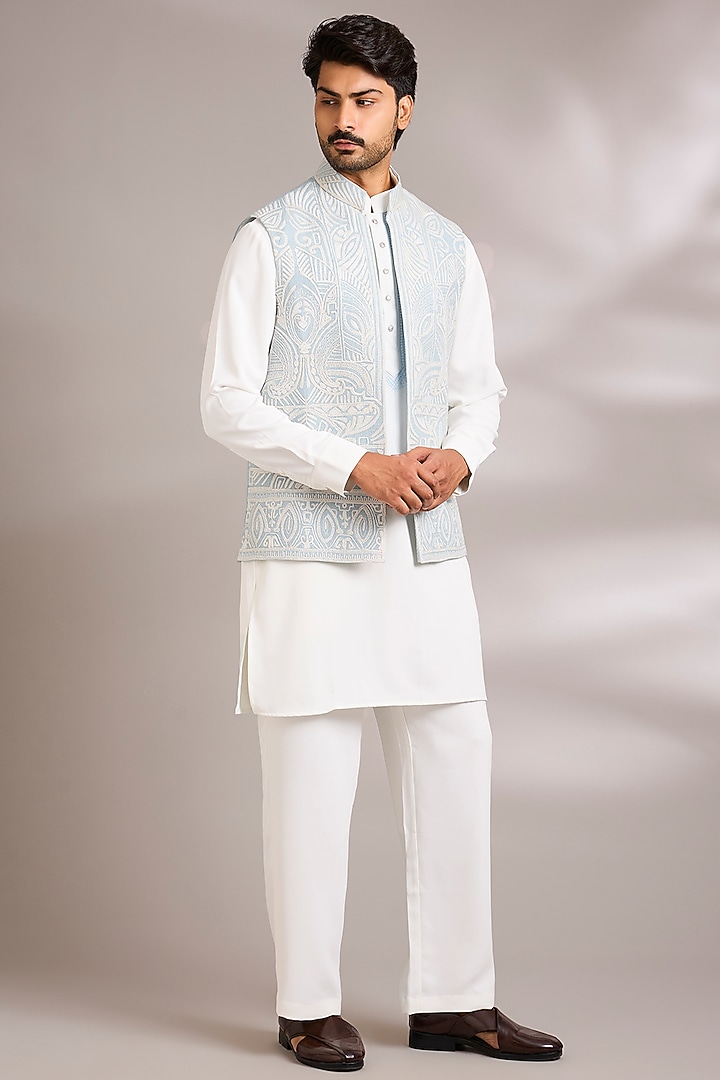 Sky Blue Silk Bundi Jacket Set by AMIT ARORA at Pernia's Pop Up Shop
