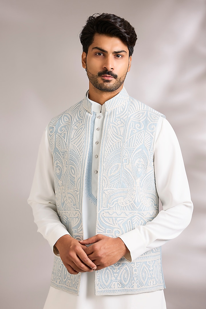 Sky Blue Silk Bundi Jacket Set by AMIT ARORA at Pernia's Pop Up Shop