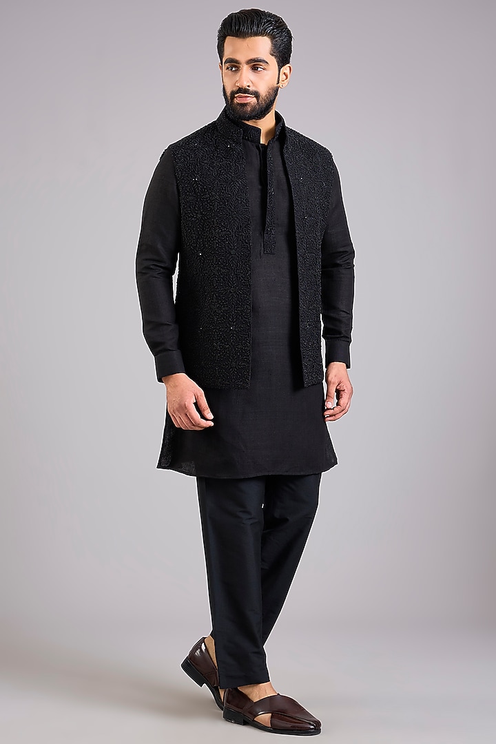 Black Silk Bundi Jacket Set by AMIT ARORA at Pernia's Pop Up Shop