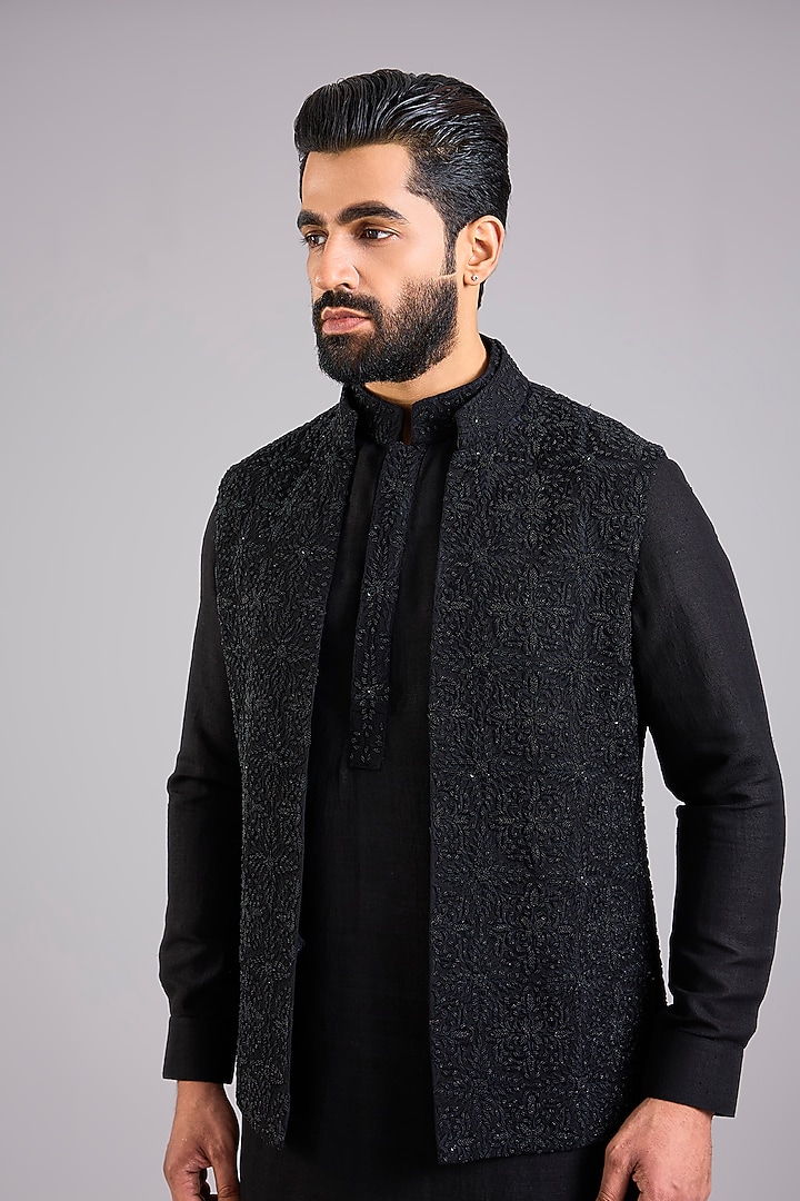 Black Silk Bundi Jacket Set by AMIT ARORA at Pernia's Pop Up Shop