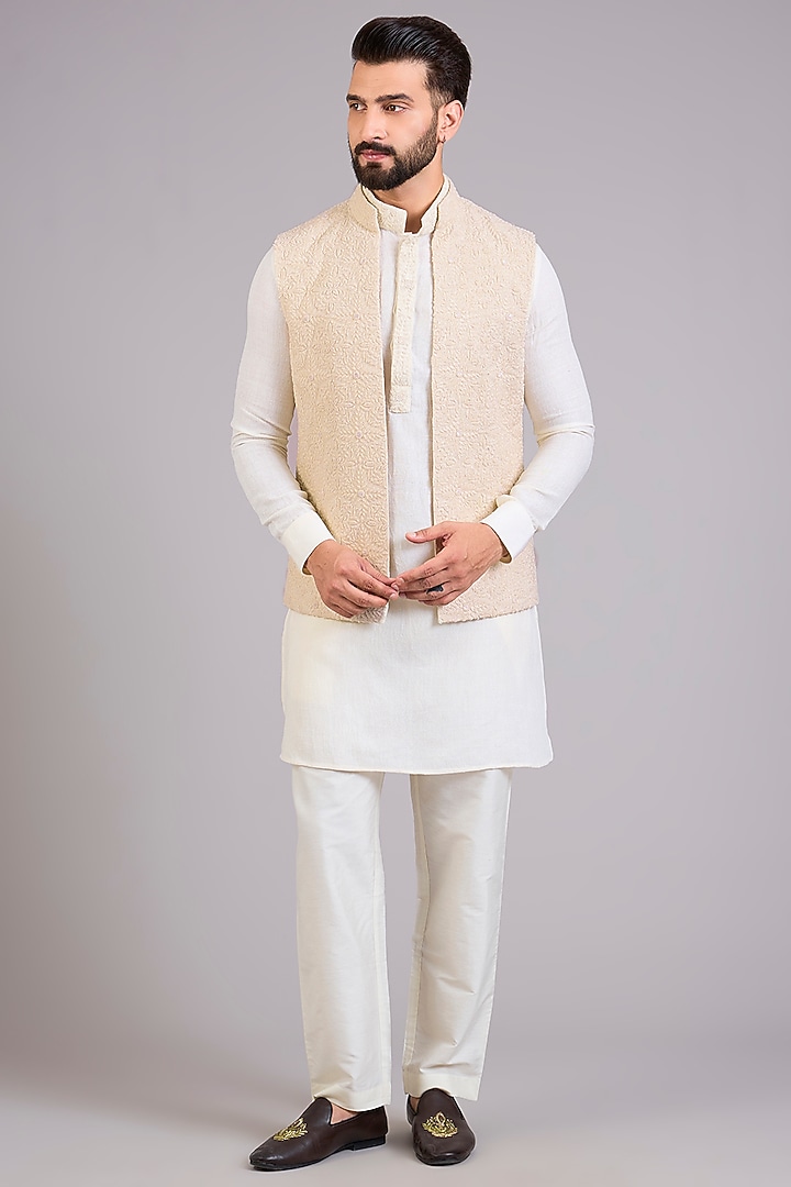Ivory Silk Bundi Jacket Set by AMIT ARORA at Pernia's Pop Up Shop