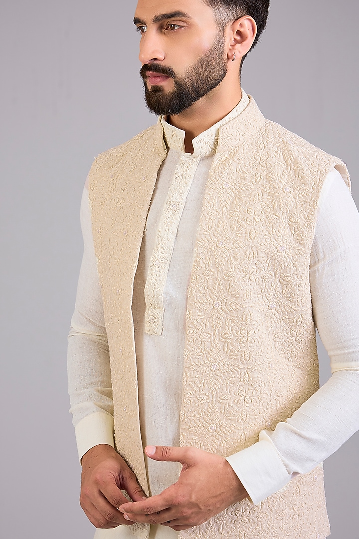 Ivory Silk Bundi Jacket Set by AMIT ARORA at Pernia's Pop Up Shop