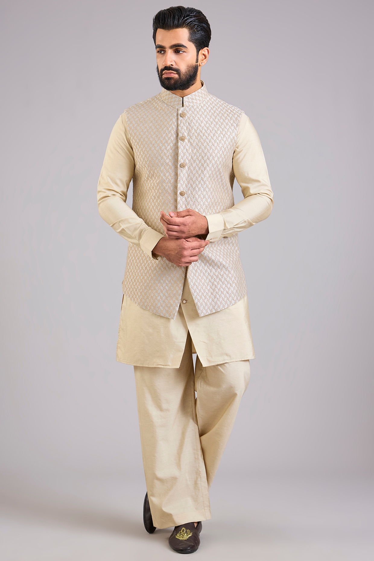 AMIT ARORA Beige Silk Bundi Jacket Set