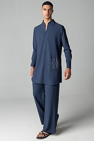 Navy Blue Crepe Kurta Set by AMIT ARORA