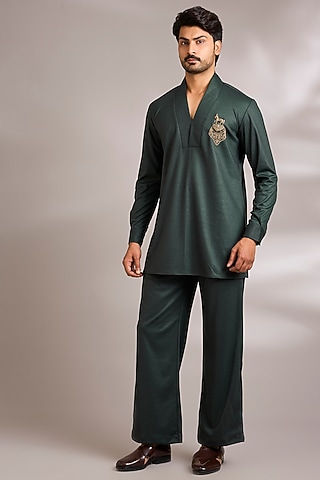 Dark Olive Silk Kurta Set by AMIT ARORA