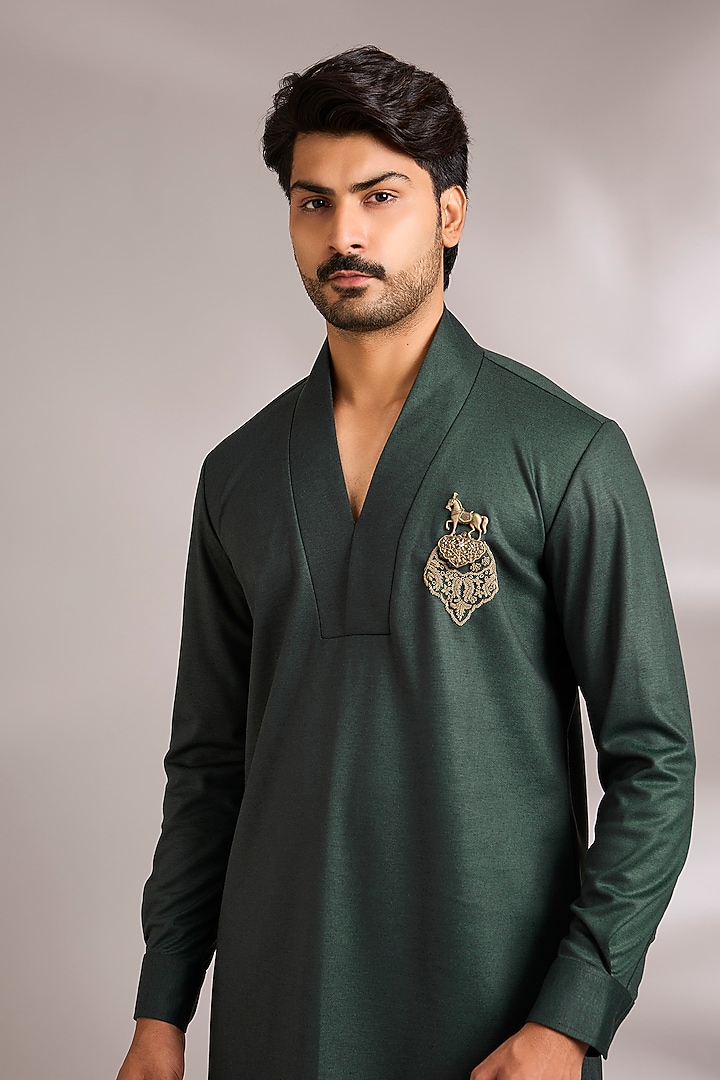 Dark Olive Silk Kurta Set by AMIT ARORA at Pernia's Pop Up Shop