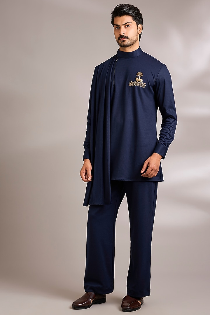 Navy Blue Silk Kurta Set by AMIT ARORA at Pernia's Pop Up Shop