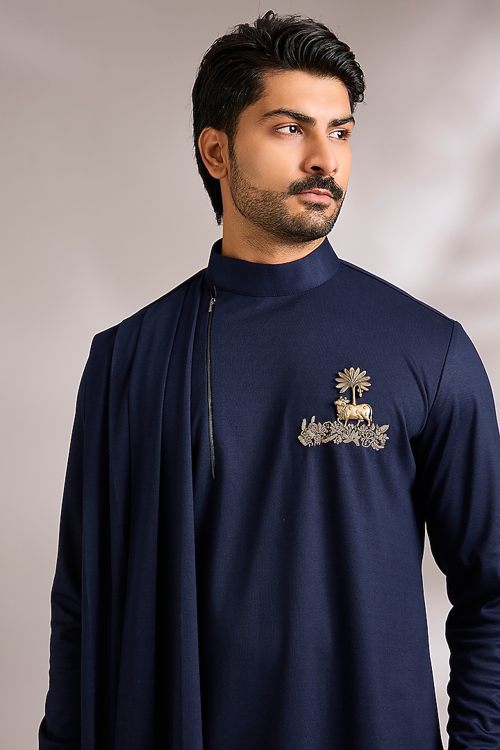 Navy Blue Silk Kurta Set by AMIT ARORA at Pernia's Pop Up Shop