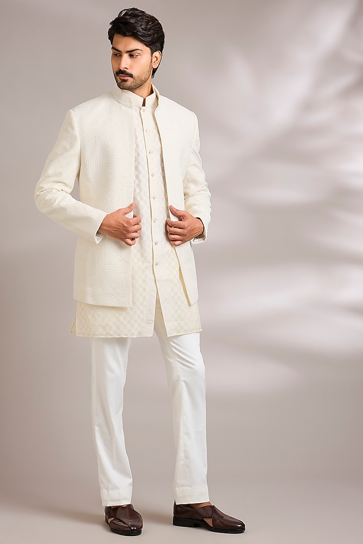 Ivory Silk Embroidered Groom Indowestern Set by AMIT ARORA at Pernia's Pop Up Shop